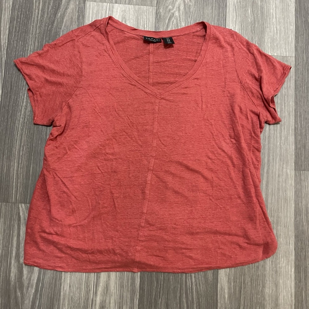 Tahari 100% Linen Tee Women's 1X Coral Red V Neck Short Sleeve Lightweight Top